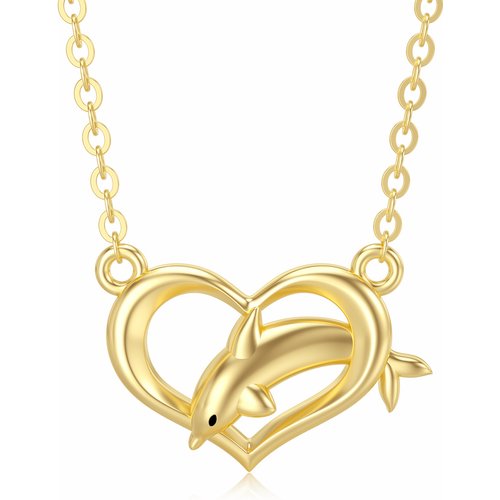 14K Gold Dolphin & Heart Pendant Necklace