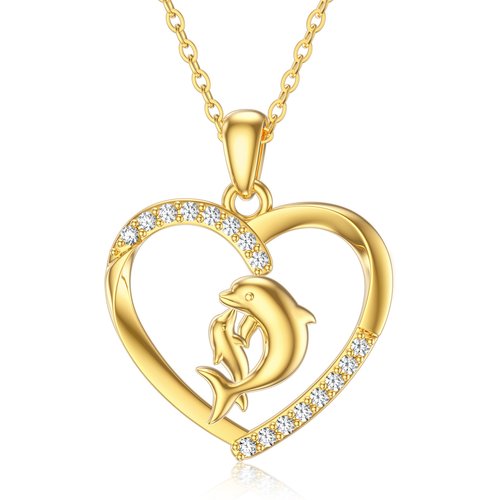 14K Gold Cubic Zirconia Dolphin & Heart Pendant Necklace