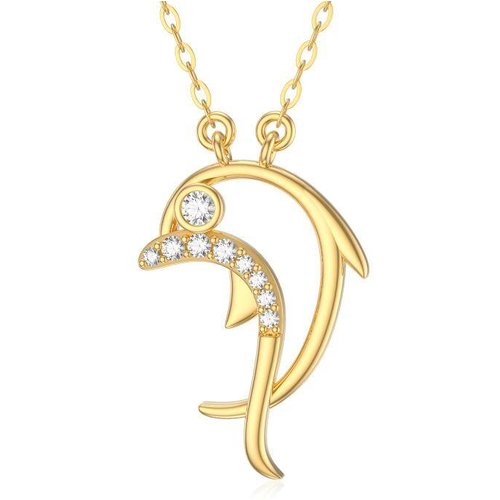 18K Gold Cubic Zirconia Dolphin Pendant Necklace