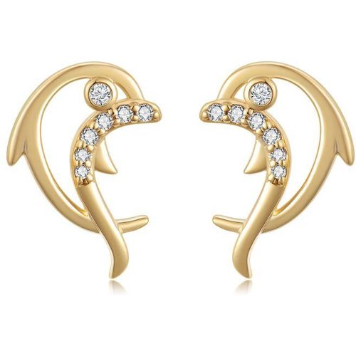 14K Gold Cubic Zirconia Dolphin Stud Earrings
