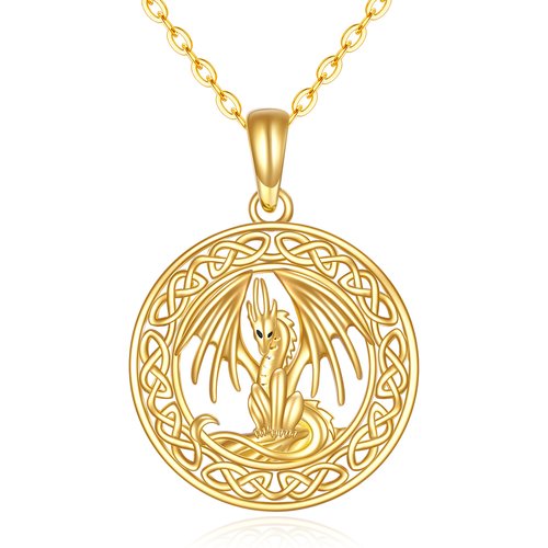 14K Gold Dragon & Celtic Knot Pendant Necklace