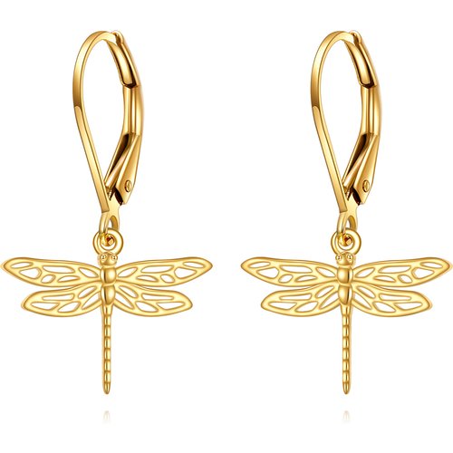 14K Gold Dragonfly Drop Earrings
