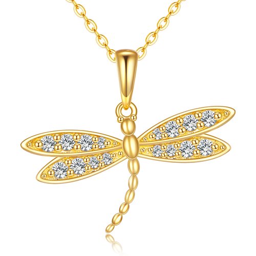 14K Gold Cubic Zirconia Dragonfly Pendant Necklace