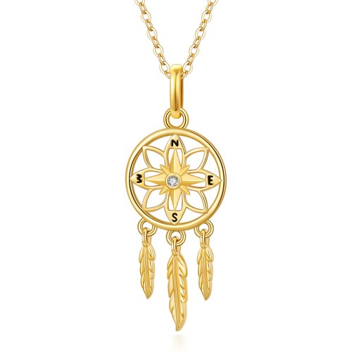 14K Gold Cubic Zirconia Dream Catcher Pendant Necklace