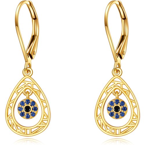 14K Gold Cubic Zirconia Drop Evil Eye Lever-back Earrings for Women
