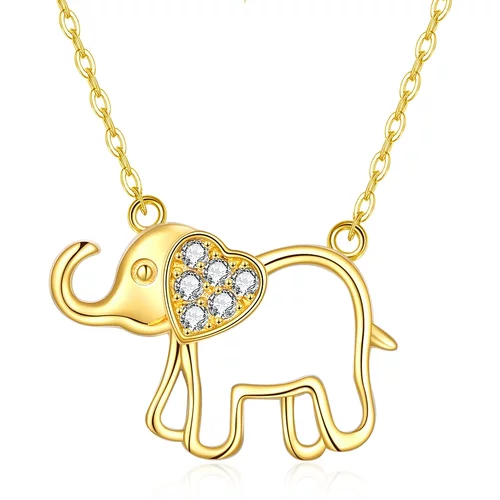 14K Gold Cubic Zirconia Elephant & Heart Pendant Necklace