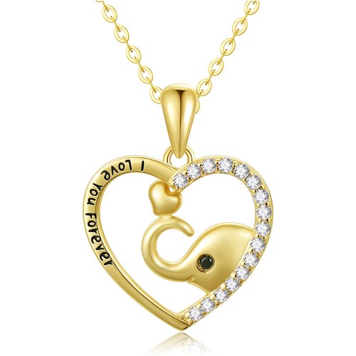 14K Gold Cubic Zirconia Elephant & Heart Pendant Necklace with Engraved Word