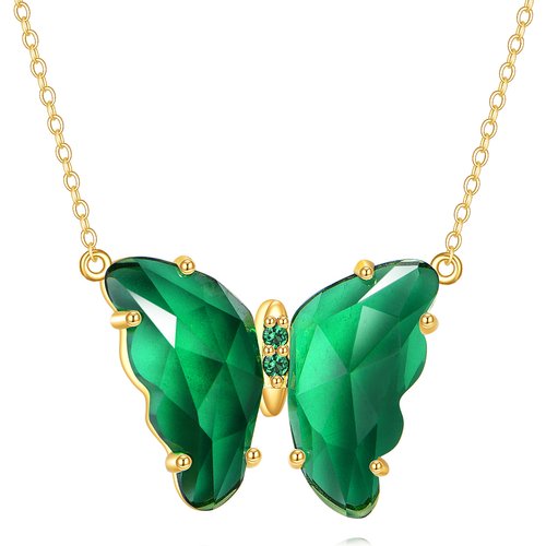 14K Gold Emerald Cubic Zirconia Butterfly Pendant Necklace