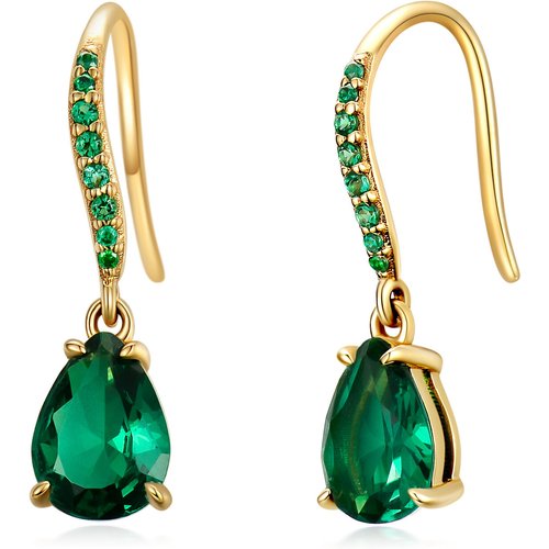 14K Gold Emerald Cubic Zirconia Drop Earrings For Women