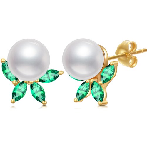 14K Gold Emerald Cubic Zirconia & Pearl Leaves Stud Earrings