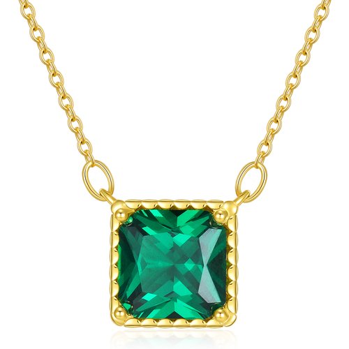 14K Gold Emerald Cubic Zirconia Square Pendant Necklace