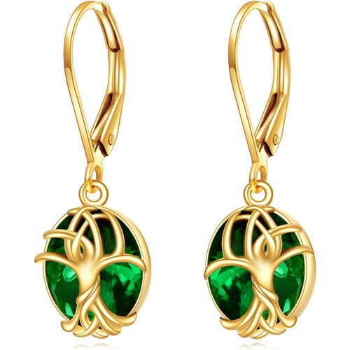 14K Gold Emerald Tree Of Life Drop Earrings