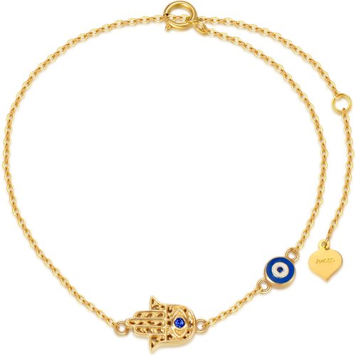 14K Gold Cubic Zirconia Evil Eye & Hamsa Hand Charm Bracelet