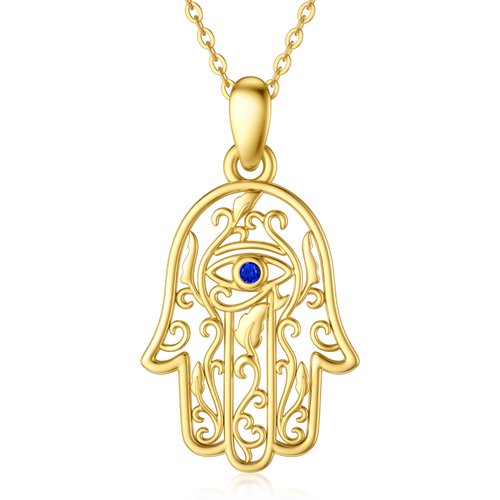 14K Gold Cubic Zirconia Evil Eye Hamsa Hand & Ivy Pendant Necklace