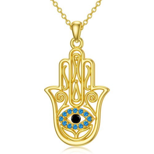 14K Gold Cubic Zirconia Evil Eye & Hamsa Hand Pendant Necklace