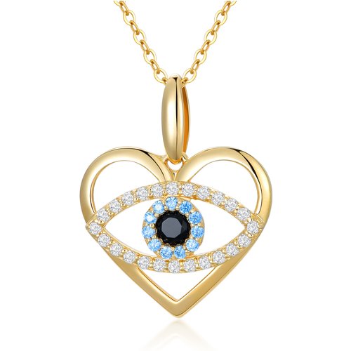 14K Gold Cubic Zirconia Evil Eye & Heart Pendant Necklace