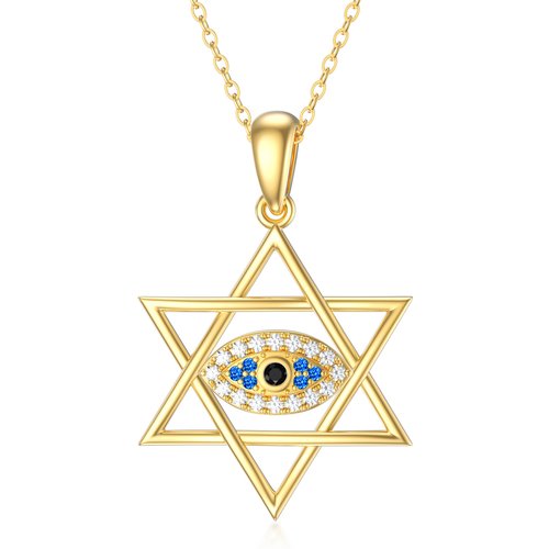 14K Gold Cubic Zirconia Evil Eye & Star Of David Pendant Necklace