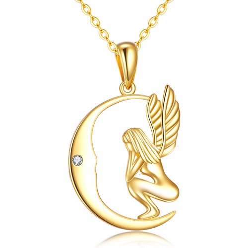 14K Gold Cubic Zirconia Fairy & Moon Pendant Necklace