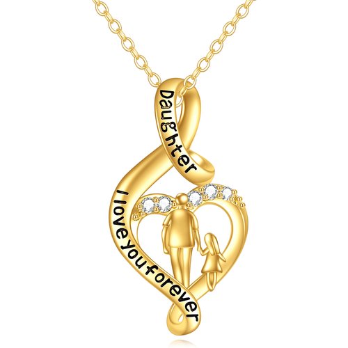 14K Gold Cubic Zirconia Father & Daughter Pendant Necklace with Engraved Word