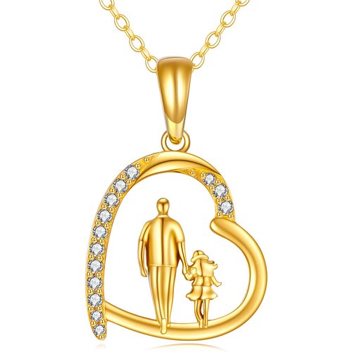14K Gold Cubic Zirconia Father Holding Daughter Heart Pendant Necklace