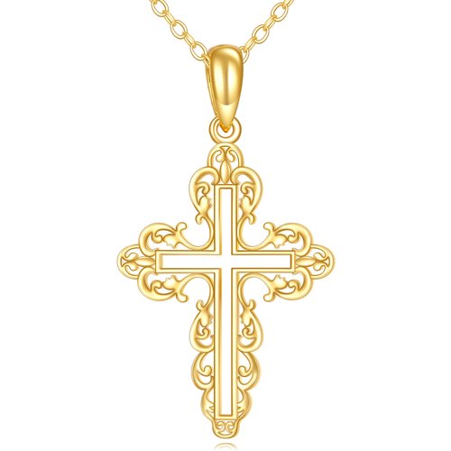 14K Gold Filigree Openwork Cross Pendant Necklace