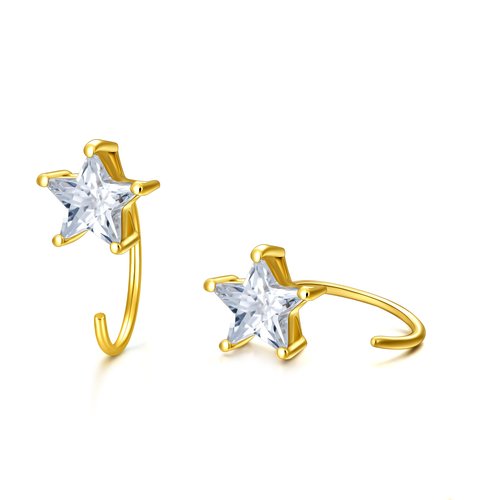14K Gold Five-Pointed Star Stud Half Hoop Earrings With 5A Grade Zircon