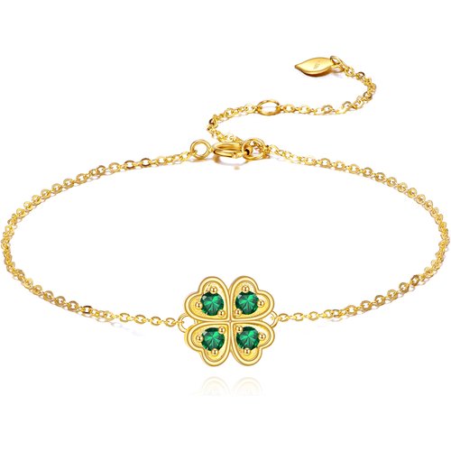 14K Gold Cubic Zirconia Four Leaf Clover Charm Bracelet