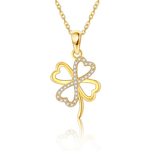 14K Gold Cubic Zirconia Four Leaf Clover Pendant Necklace