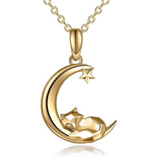 14K Gold Fox & Moon Pendant Necklace