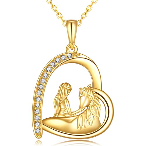 14K Gold Cubic Zirconia Girl & Horse Heart Pendant Necklace
