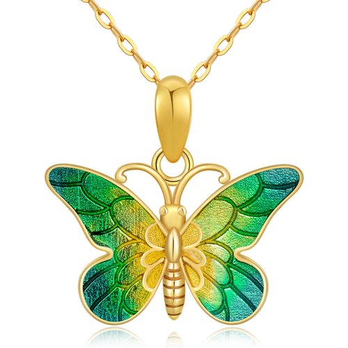 14K Gold Green Glazed Butterfly Pendant Necklace