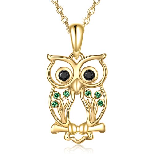 14K Gold Green Cubic Zirconia Owl & Tree Of Life Pendant Necklace