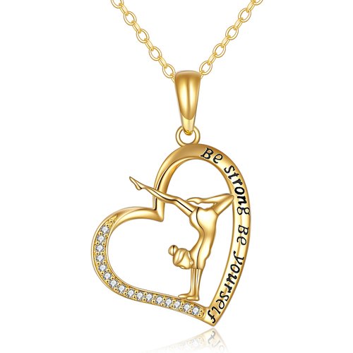 14K Gold Cubic Zirconia Gymnast & Heart Pendant Necklace with Engraved Word