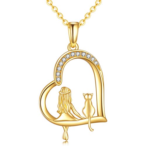 14K Gold Heart Cat & Girl Pendant Necklace