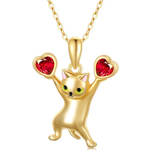 14K Gold Heart Cubic Zirconia Cat Pendant Necklace