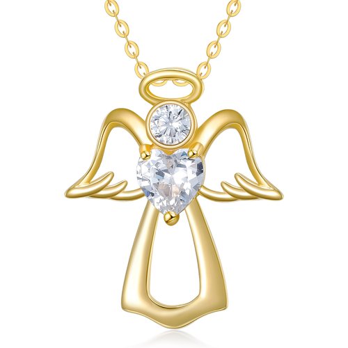 14K Gold Heart Cubic Zirconia Birthstone Angel Wing Pendant Necklace For Women