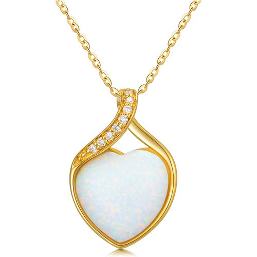 14K Gold Heart Diamond Opal Pendant Necklace For Women