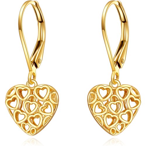 14K Gold Heart With Heart Drop Earrings