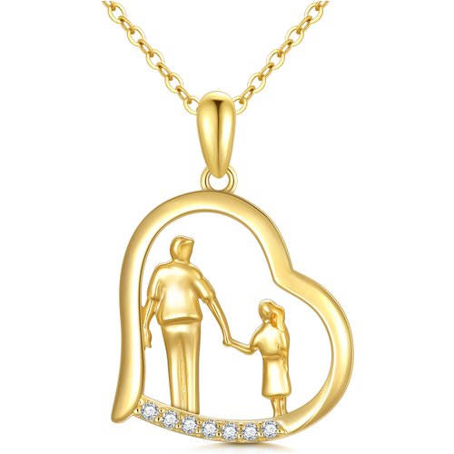 14K Gold Cubic Zirconia Heart Father & Daughter Holding Hands Pendant Necklace