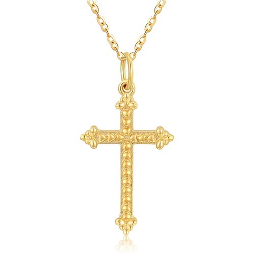 14K Gold Heart Filled Cross Pendant Necklace