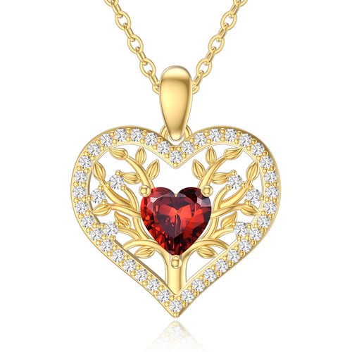 14K Yellow Gold Heart Garnet Heart Pendant Necklace For Women