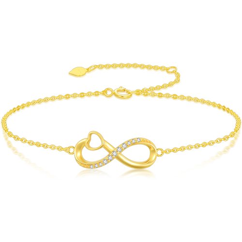 14K Gold Cubic Zirconia Heart & Infinity Symbol Charm Bracelet