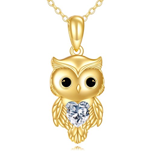 14K Gold Heart Moissanite Owl Pendant Necklace