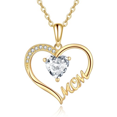 14K Gold Cubic Zirconia Heart Mom Pendant Necklace
