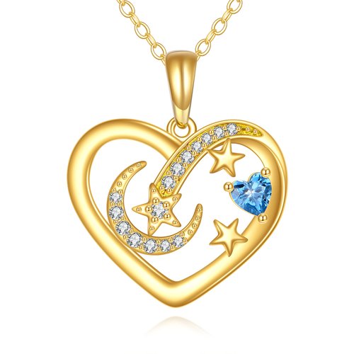 14K Gold Cubic Zirconia Heart & Moon & Star Pendant Necklace