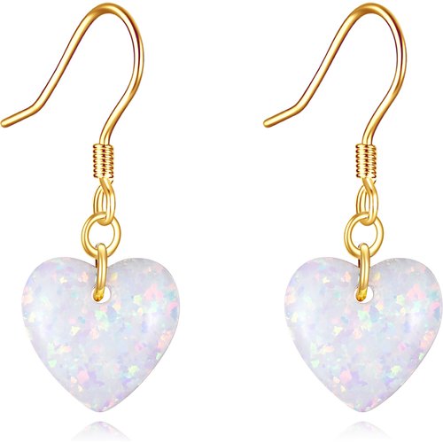14K Gold Heart Opal Drop Earrings
