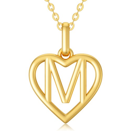 14K Gold Heart Pendant Necklace with Initial Letter M