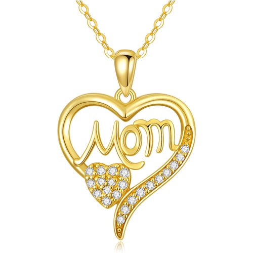 14K Gold Cubic Zirconia Heart Pendant Engraving Necklace For Mother