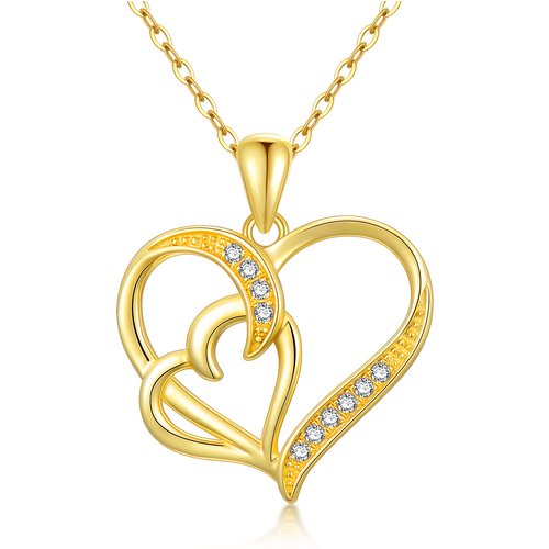 14K Gold Cubic Zirconia Heart With Heart Pendant Necklace For Women