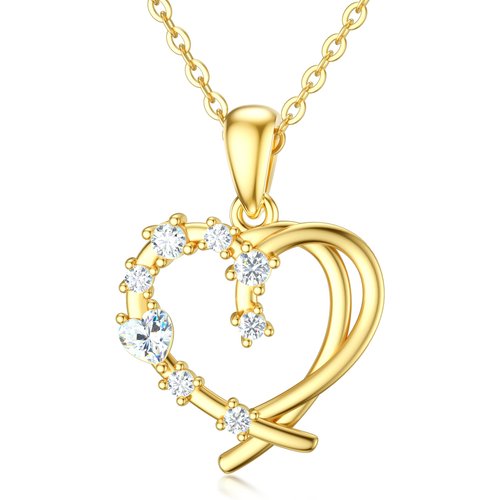 14K Yellow Gold Cubic Zirconia Heart With Heart Pendant Necklace For Women